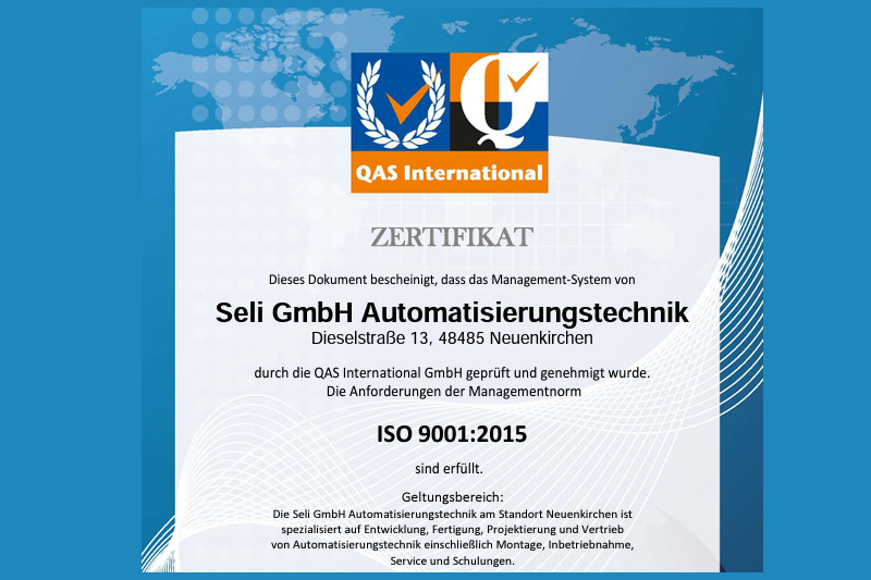 Certyfikat ISO 9001 dla firmy Seli